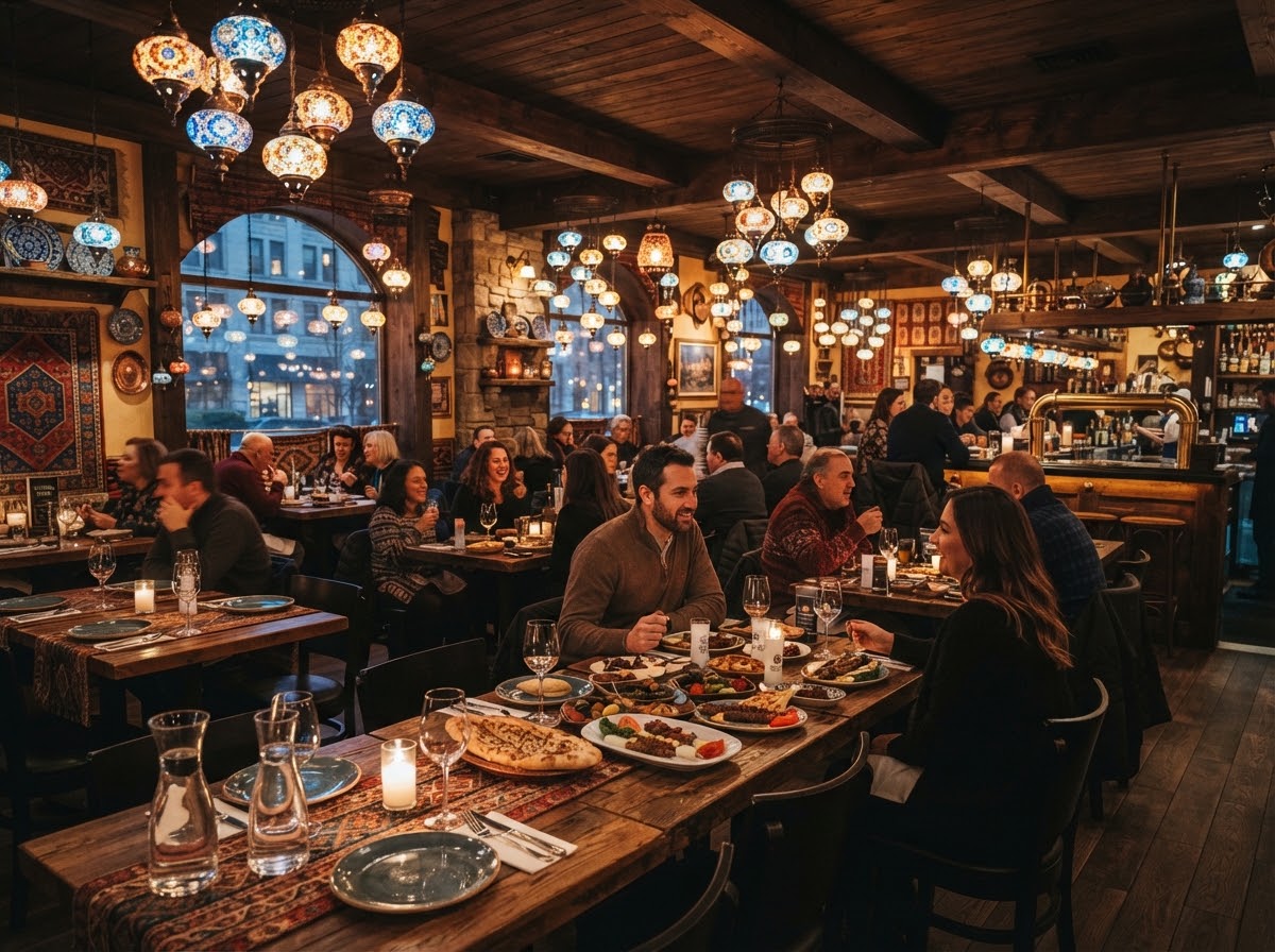 Istanbloom warm dining room interior in Pittsburgh filled with authentic mosaic lamps, wooden tables, and happy diners enjoying Mediterranean fare