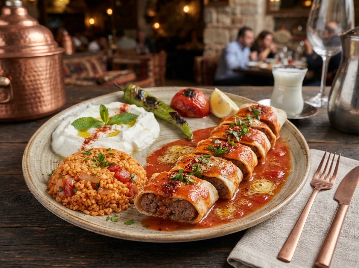 Beyti kebab with lavash, tomato sauce and yogurt