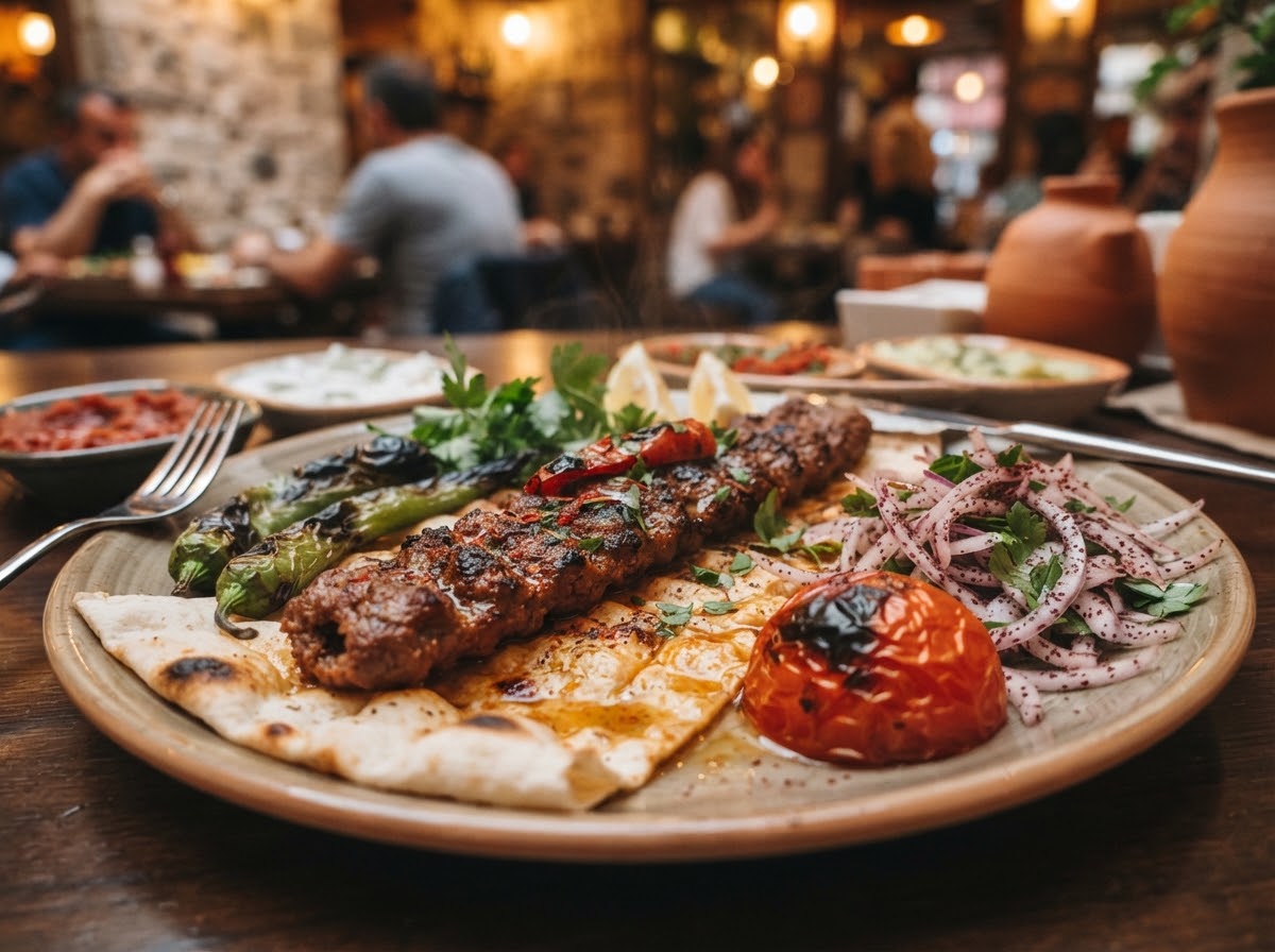 Authentic Adana Kebab long skewer of spiced ground lamb grilled over hardwood charcoal on freshly baked Turkish flatbread with roasted pepper and onions